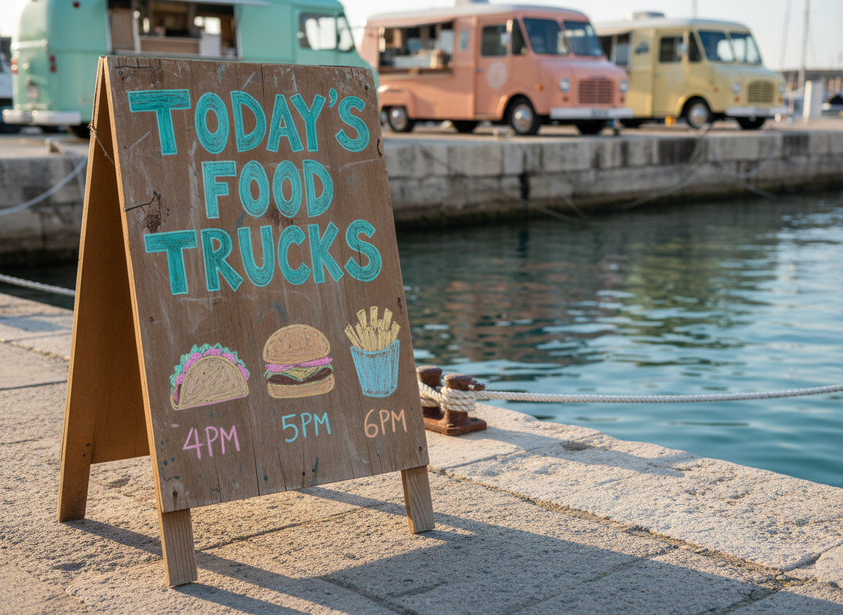 A sun-faded wooden A-frame sidewalk sign positioned on a weathered dock, the boards streaked with salt and age, announcing “Today’s Food Trucks” in big, hand-painted teal letters. Below, colorful, slightly imperfect chalk icons depict tacos, burgers, and shrimp baskets with times listed. In the background, softly blurred, vintage-style food trucks in pastel coastal hues are parked along the marina edge beside calm turquoise water and white mooring ropes. Late afternoon sunlight casts long, warm shadows and highlights the texture of the wood. Photographic realism, shot from a slightly low angle, with a welcoming, laid-back coastal bar mood that feels spontaneous and local.