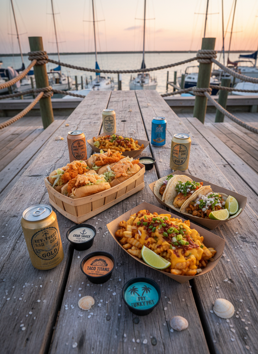 An overhead photographic view of a long weathered picnic table on a dockside patio, covered in a casual spread from multiple food trucks: a bamboo basket of shrimp po’boys, a cardboard tray of street tacos with lime wedges, a metal dish of loaded fries, and small branded sauce cups from different trucks. Several frosty beer cans with simple coastal labels sit among scattered sea salt flakes and a few tiny seashells used as decor. The surrounding deck rail is wrapped with nautical rope, and beyond it, softly blurred sailboat masts rise against a soft coral sunset sky. Natural golden hour lighting creates warm highlights and gentle shadows, evoking a relaxed, communal, Key West bar atmosphere.