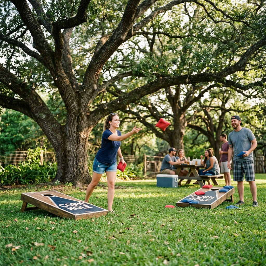 People playing cornhole game outdoors on grass with picnic table and trees