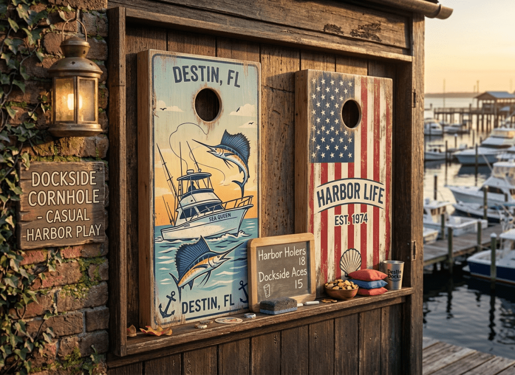 Two decorative cornhole boards mounted on rustic wood near a marina with boats