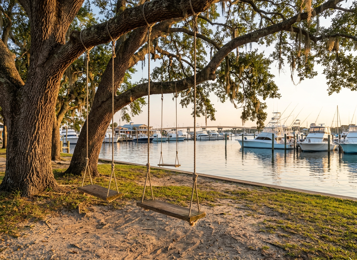 Two wooden swings suspended from tree branches overlooking boats docked at a marina