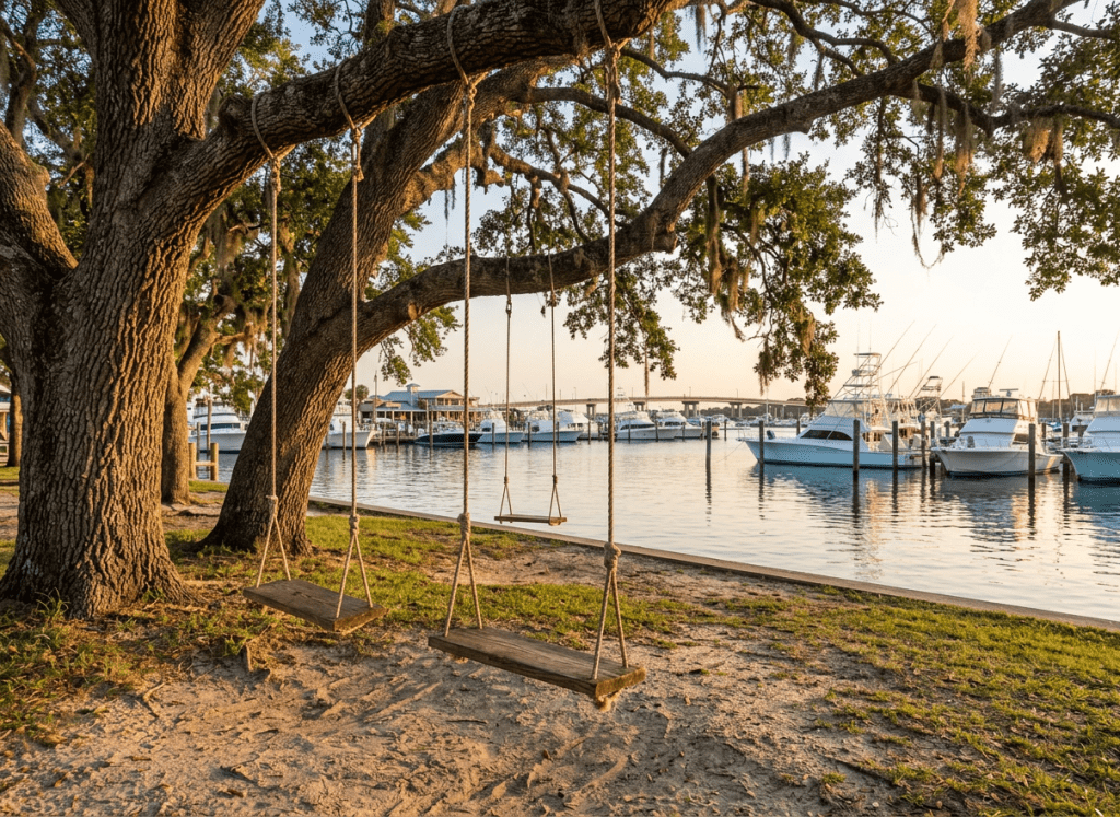 Two wooden swings suspended from tree branches overlooking boats docked at a marina