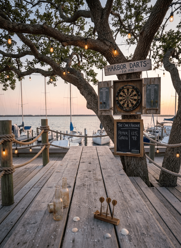 Outdoor dartboard setup with scores on chalkboard beside a marina at sunset