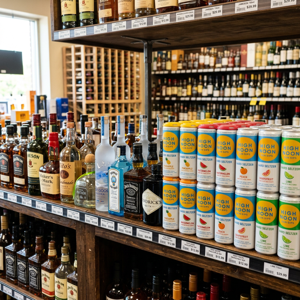 Shelves with assorted liquor bottles and High Noon hard seltzer cans